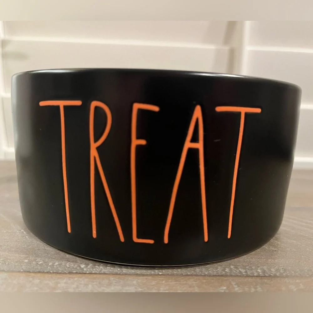 Rae Dunn TREAT Dog Bowl, Black w/ Orange Text, Artisan Collection